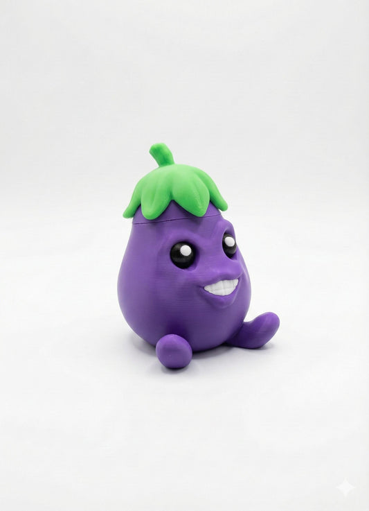 Eager Eggplant secret storage figurine on desk with wide eyes and cheeky grin front view