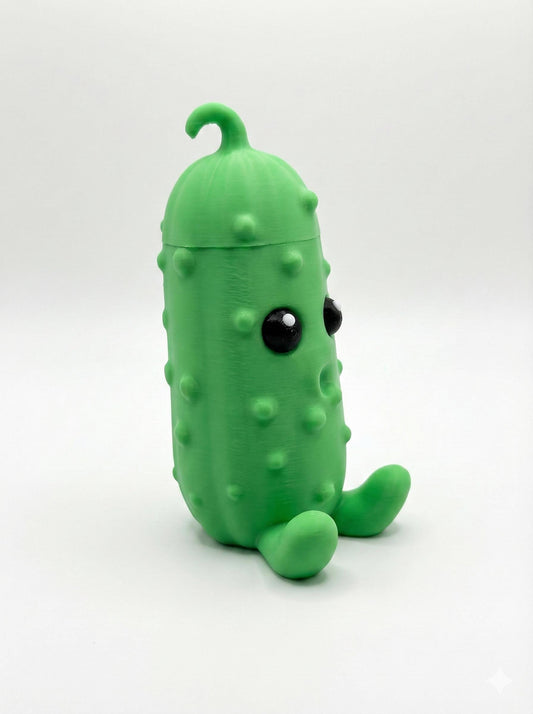 Close-up of pouty pickle secret stash container showing seamless lid and hollow interior