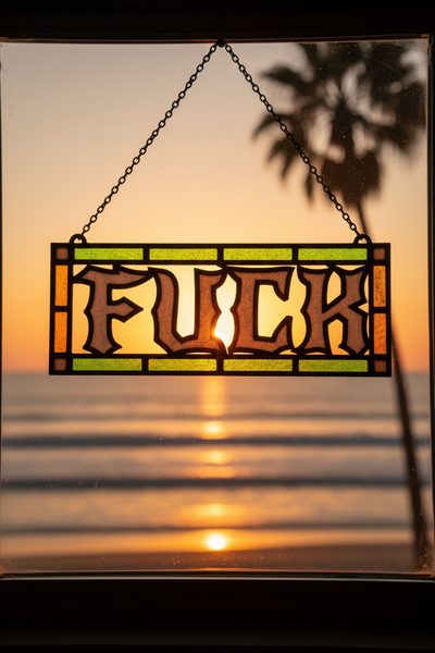 Spicy suncatcher 3D printed translucent sign hanging in sunlit window close-up