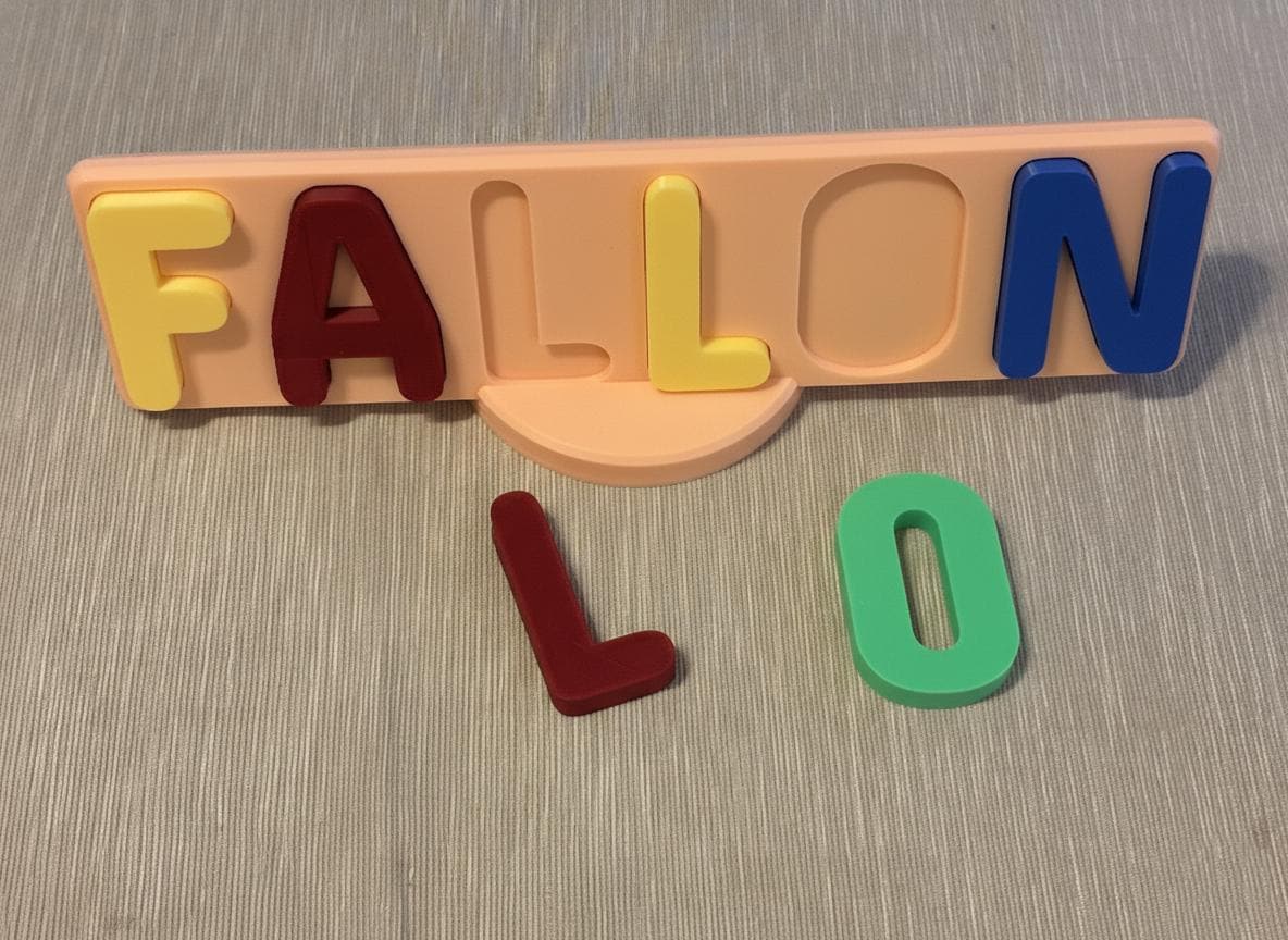Gift-ready 3D printed toddler name puzzle next to wrapped birthday present