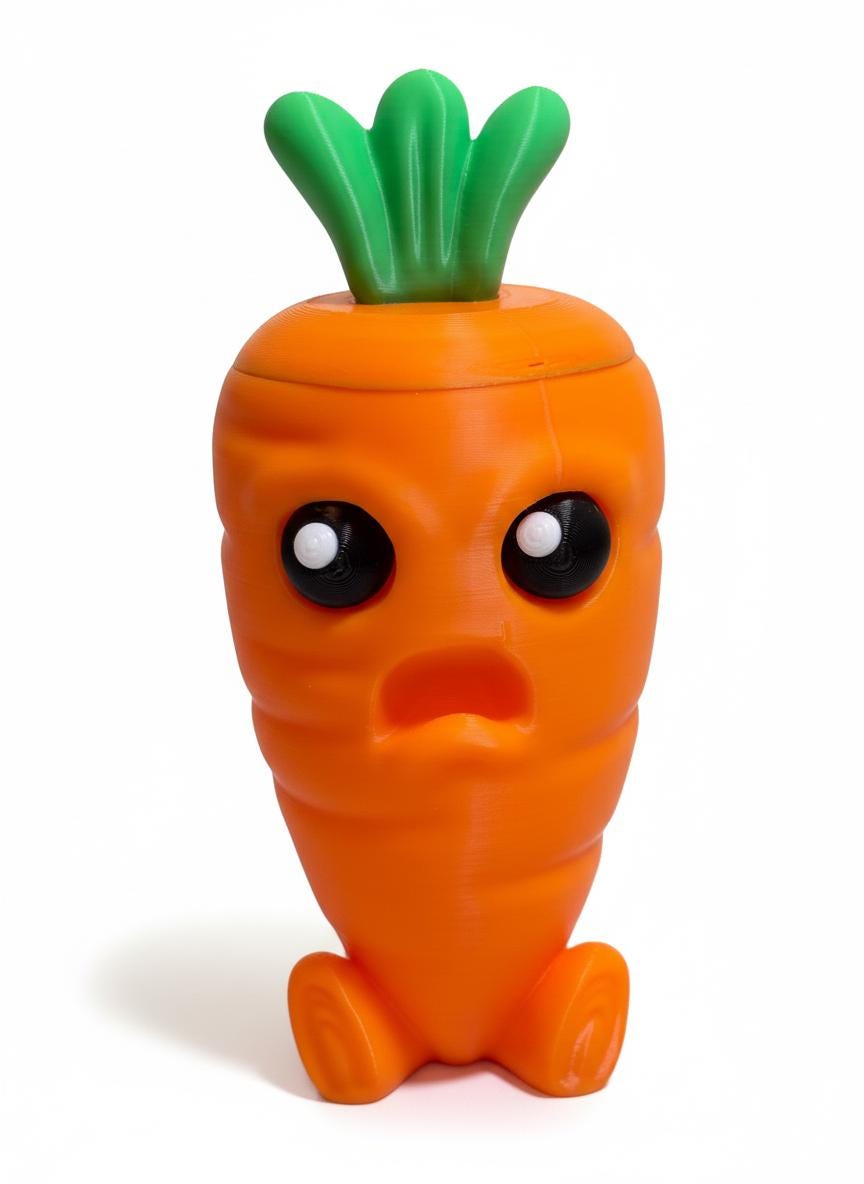 Crazed carrot 3D printed secret stash jar on wooden desk with grumpy face detail