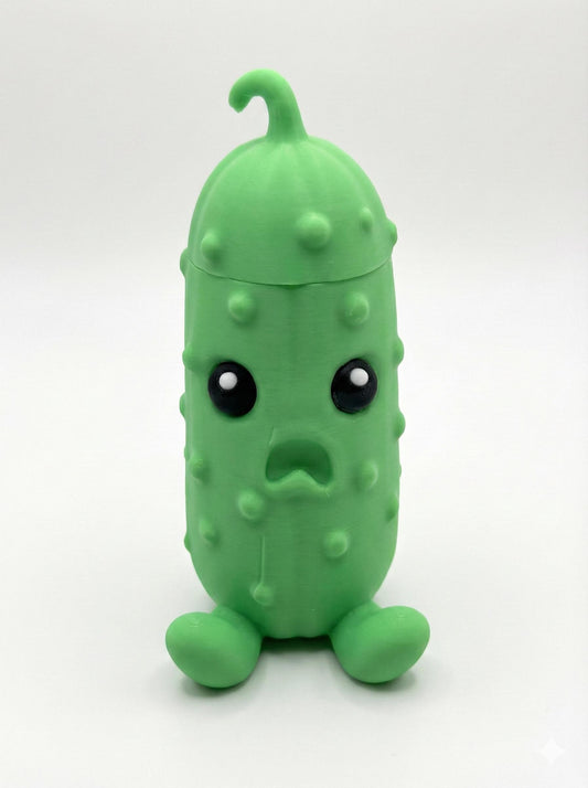 Vibrant green 3D printed pouty pickle figurine with hidden compartment open on desk