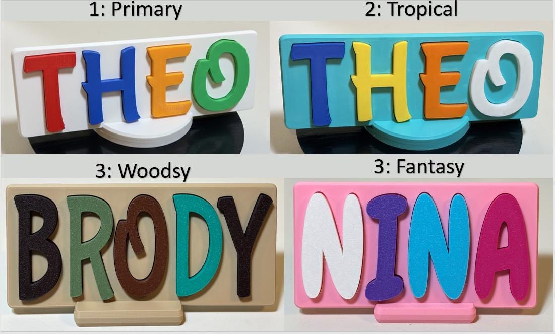 Chewy font personalized name puzzle in Woo color theme on wooden play table