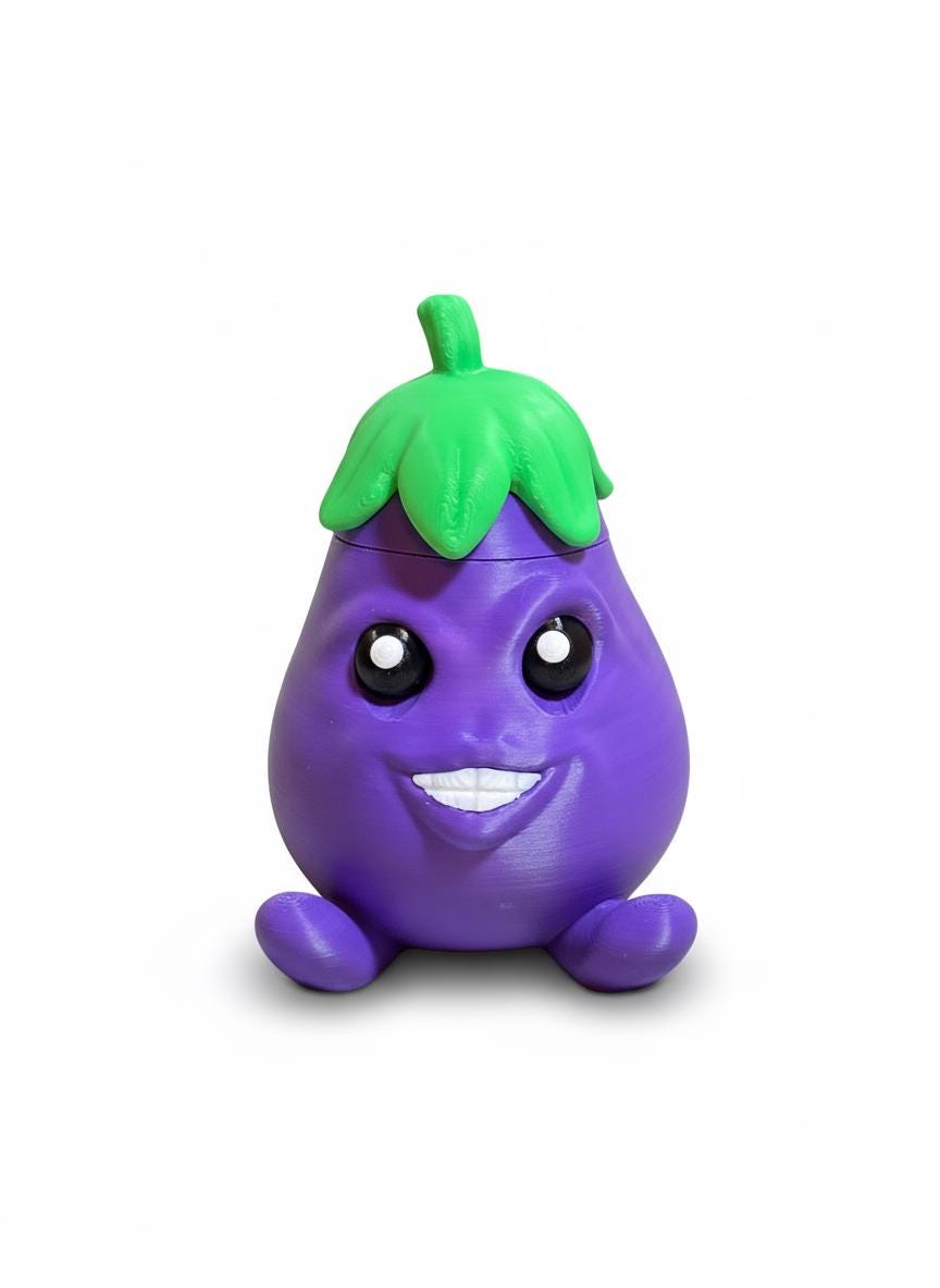 Purple 3D printed eggplant stash jar with green cap removed showing hidden compartment inside
