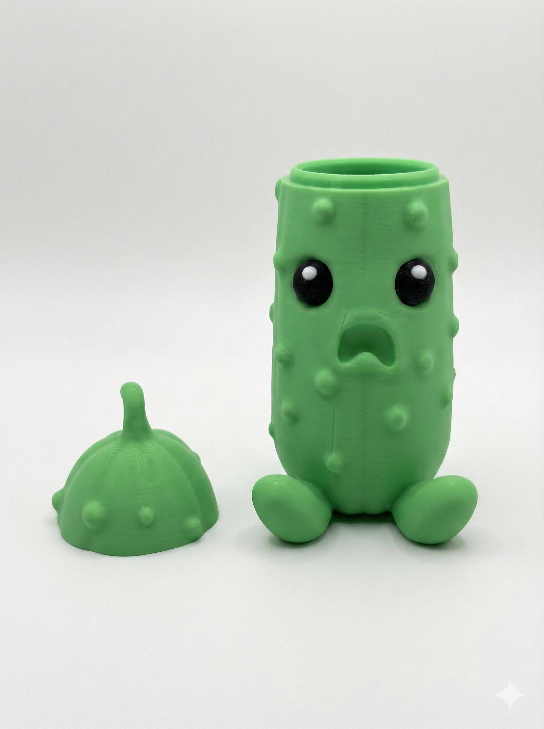 3D printed pickle statue displayed as quirky desk decor next to keyboard and office supplies