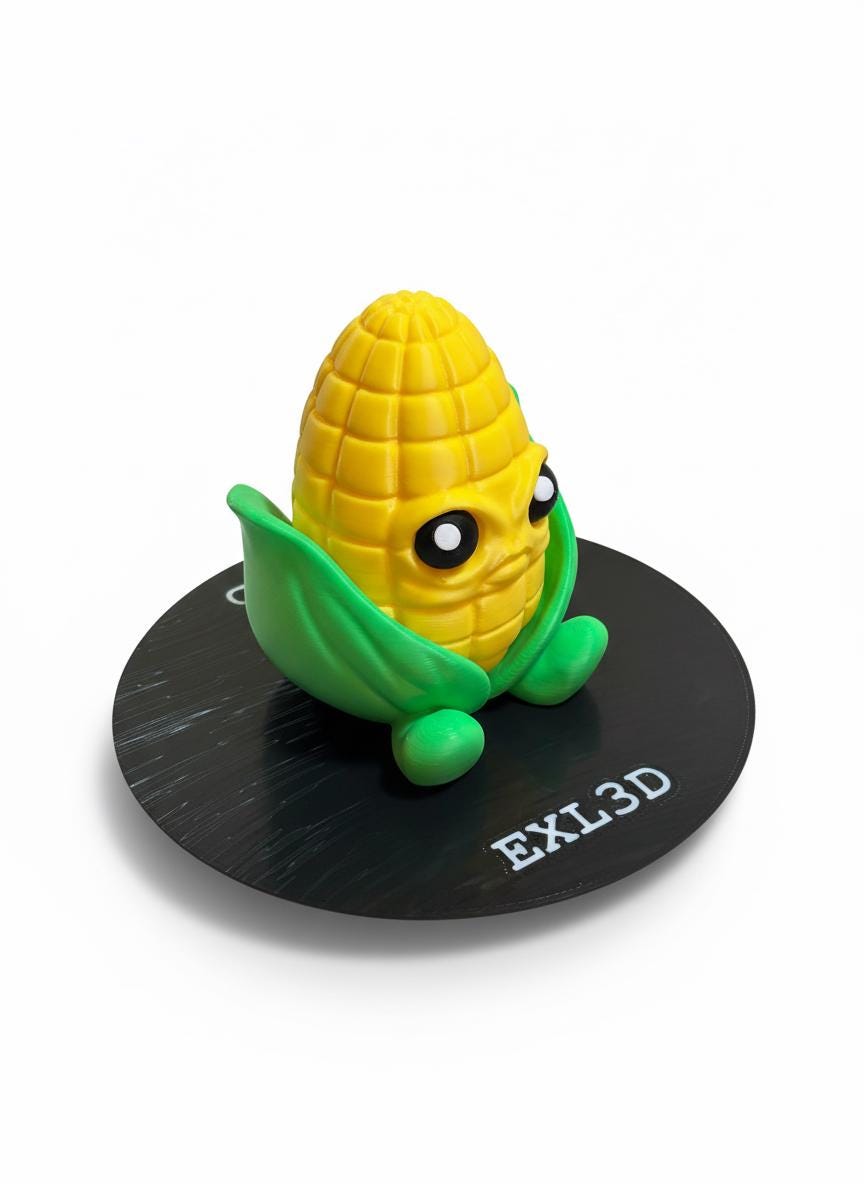 Close-up of expressive eyes and cautious face on 3D printed corn stash jar
