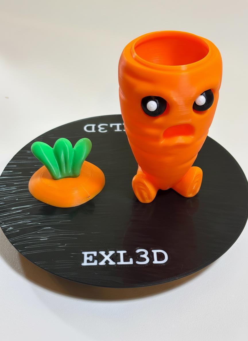 Vibrant orange 3D printed carrot figurine with tiny feet standing upright on white background