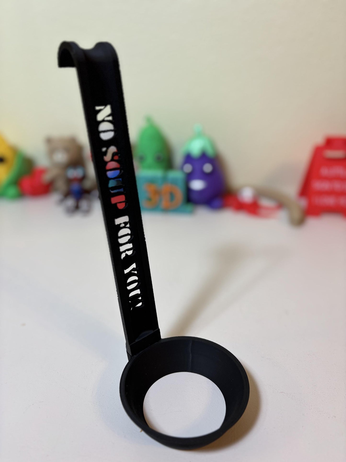 No Soup For You ladle flat lay on rustic kitchen countertop with props