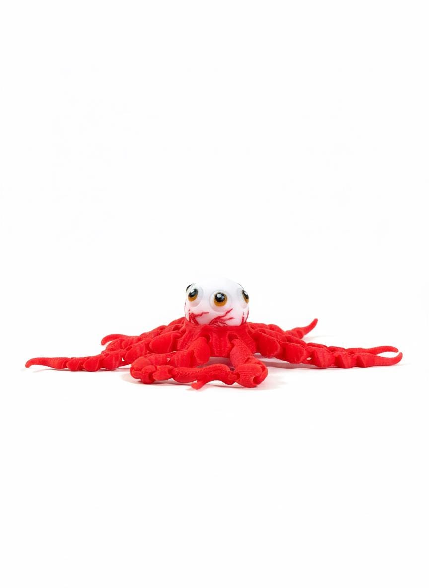 Six-eyed alien octopus 3D print held in hand showing full flexibility
