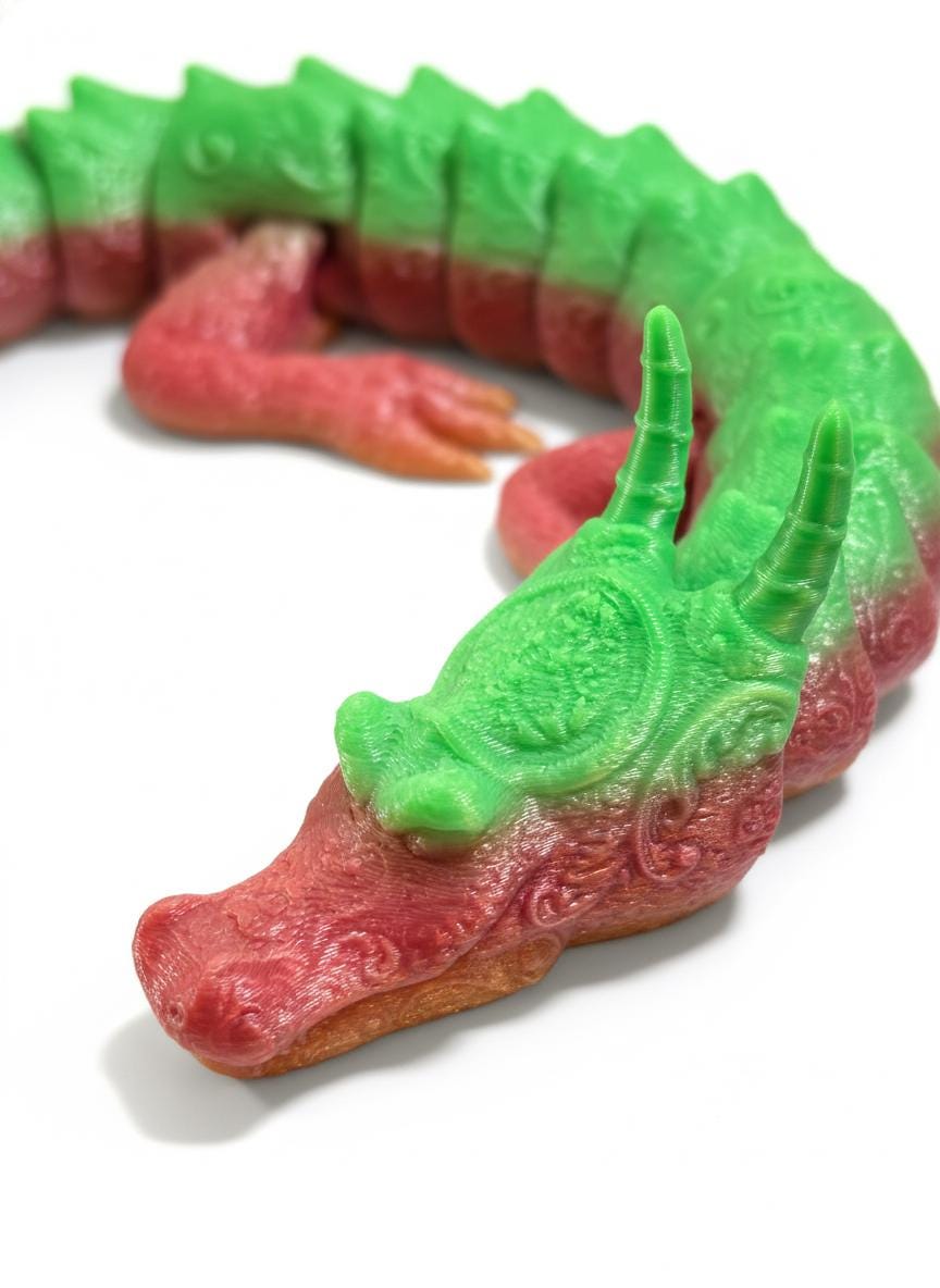 Articulated flexi dragon in solid color posed upright on gaming setup