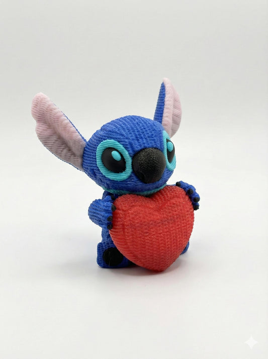 knit-texture alien heart 3D printed figurine on wooden desk in blue pink and red