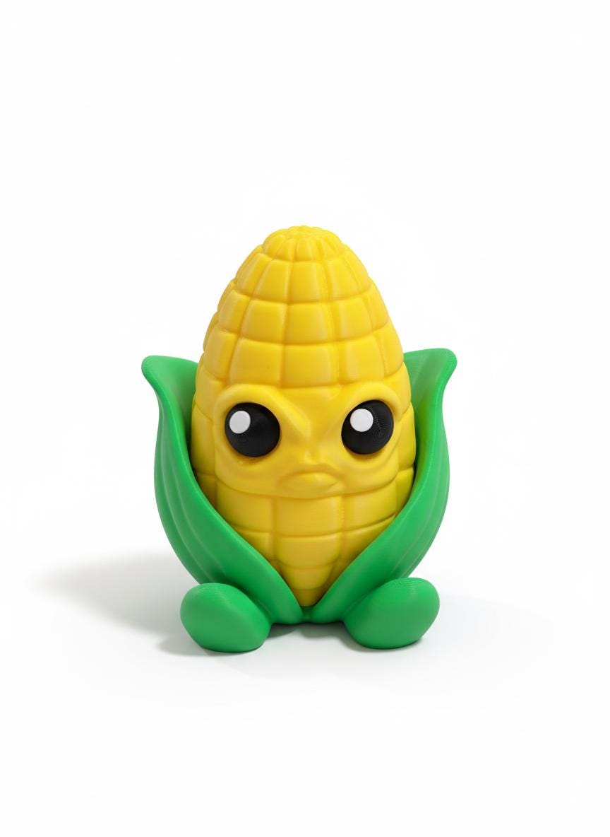 3D printed kawaii corn cob secret stash jar with green husk base on desk