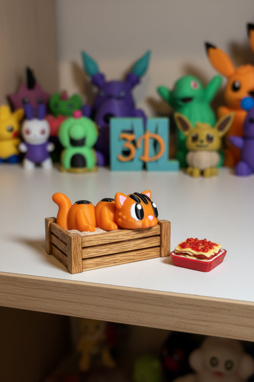 3D printed flexi cat figure in orange matte-satin finish on wooden desk