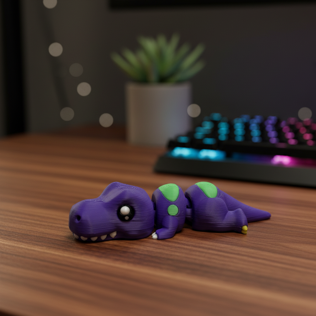 3D printed flexi dinosaur figure in multi-color PLA next to keyboard
