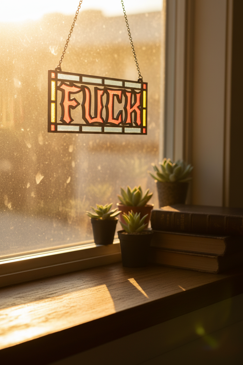 Custom 3D printed stained glass suncatcher with bold text on gamer desk