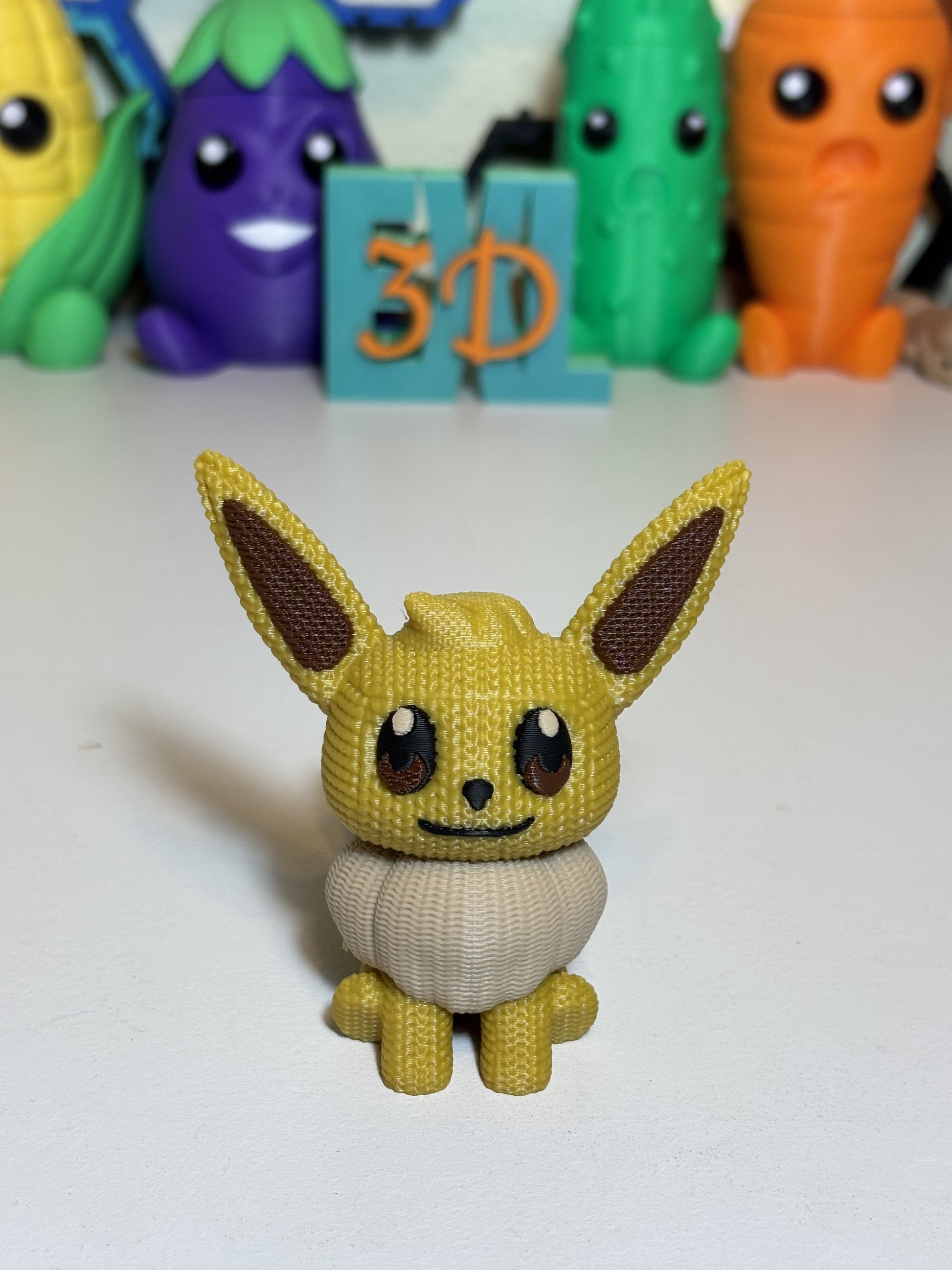 Close-up of textured faux knit finish on 3D printed Eevee statue