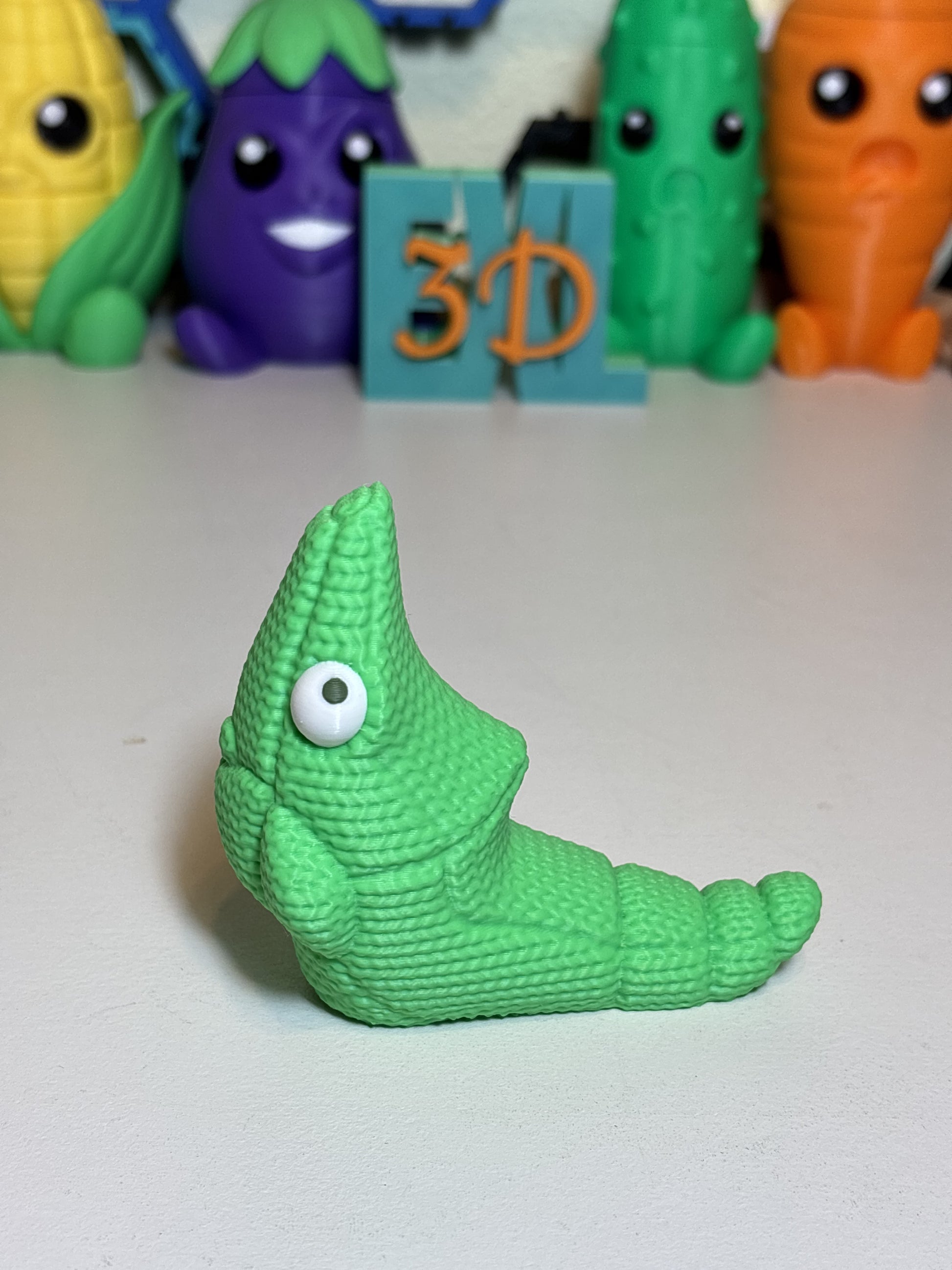 3D printed Metapod sculpture side angle showing knit texture detail