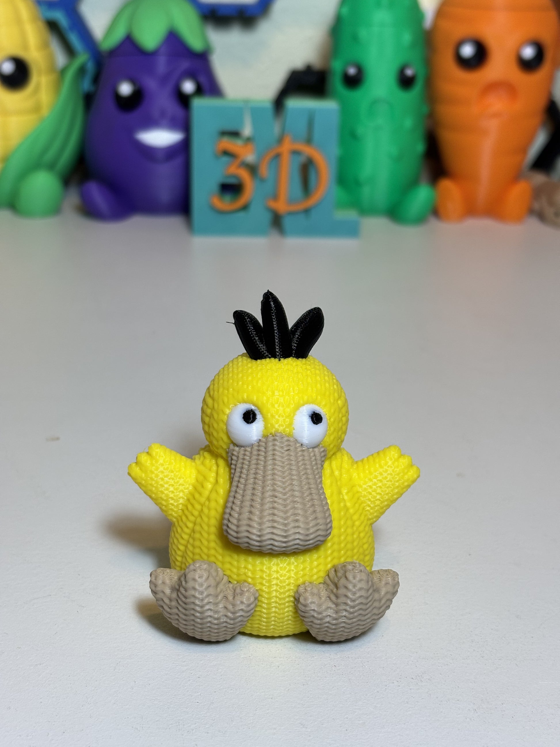 Close-up of textured knit finish on Psyduck 3D printed figure