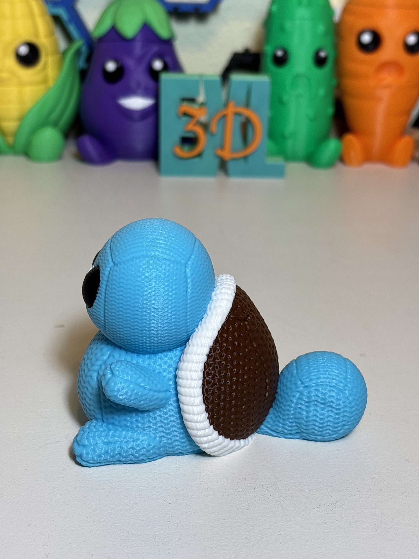 Close-up of faux knit texture detail on 3D printed Squirtle figurine