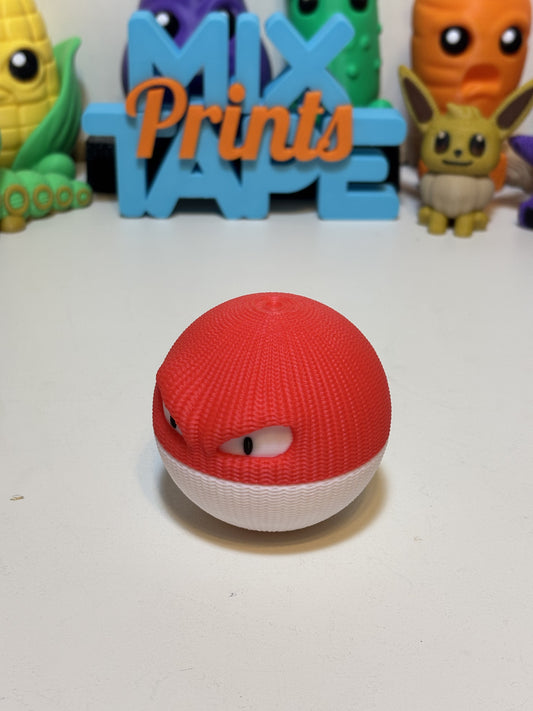 Faux knit Voltorb 3D printed statue displayed on wooden desk shelf